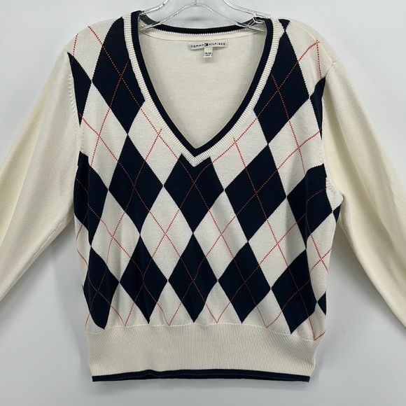 Tommy Hilfiger Cream,Navy&Orange Diamond V-Neck Sweater Sz XL - Picture 2 of 9